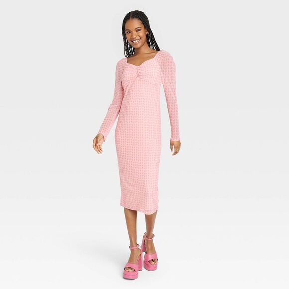 Pink Puff Sleeve Bodycon Dress for Wedding Guest - Picture 1 of 4